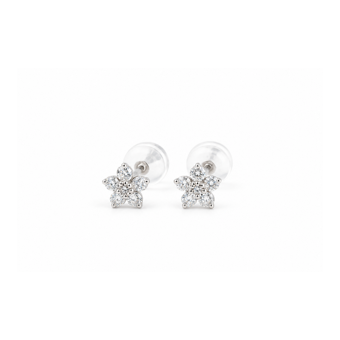 Aros Flor de Brillantes 5 pétalos en Oro Blanco.