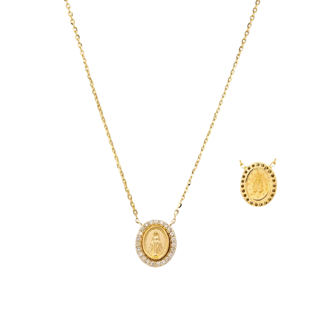 Collar Medalla Virgen Milagrosa en Oro Amarillo 14Kt.