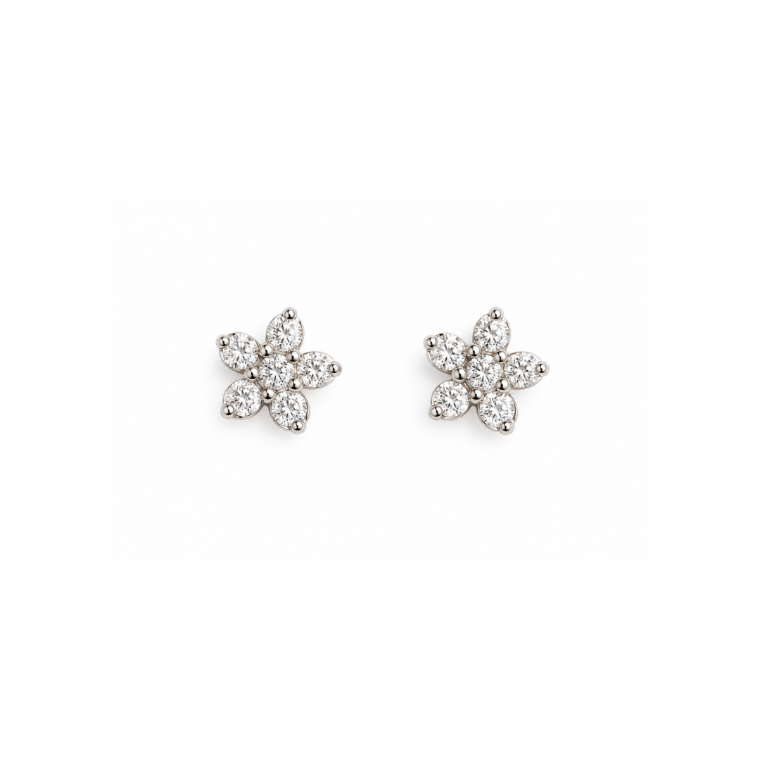 Aros Flor de Brillantes 5 pétalos en Oro Blanco 18KT.