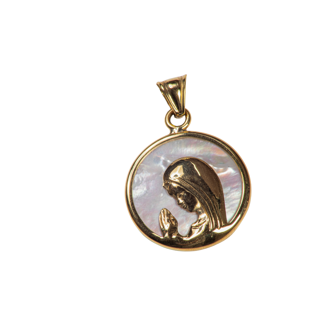 Medalla Virgen Niña de Oro Amarillo y Nácar 18Kt.