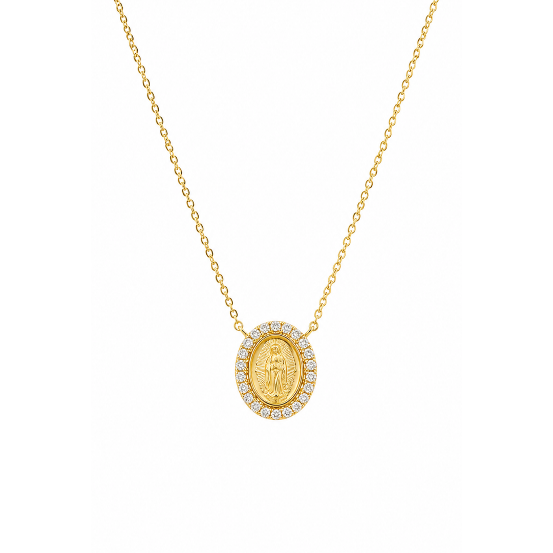 Collar de Oro Amarillo Virgen de los Rayos y Brillantes 14Kt.