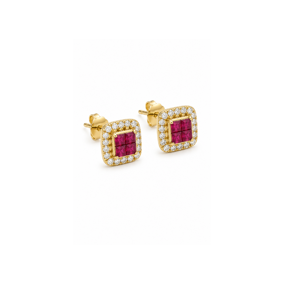 Aros Rubí y Brillantes Oro Amarillo 18KT Cuadrados.