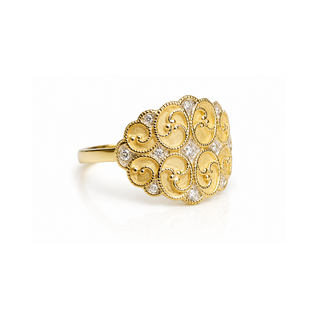 Anillo Filigrana de Brillantes y Oro Amarillo 18Kt.
