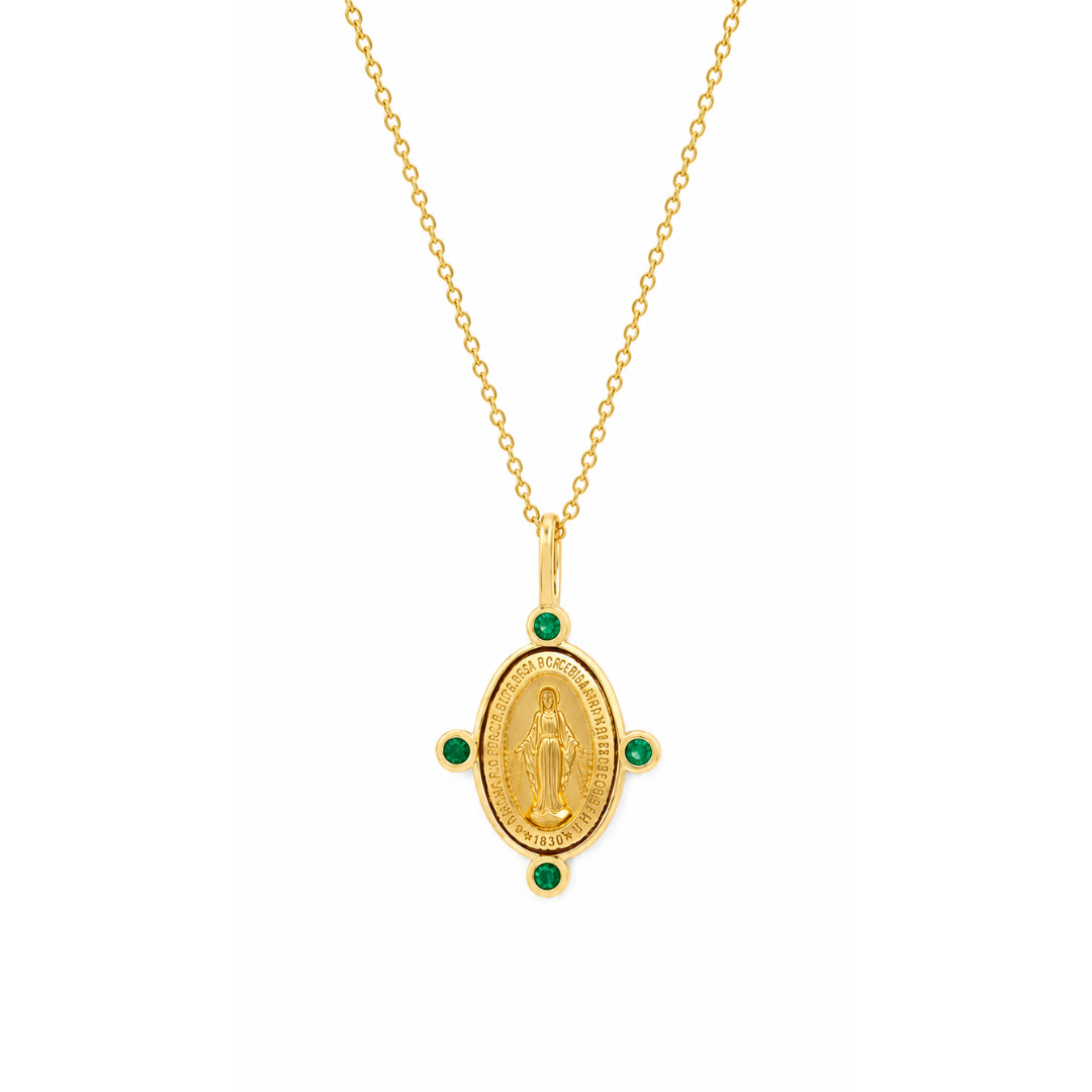Collar Virgen y Esmeraldas en Oro Amarillo 14Kt.