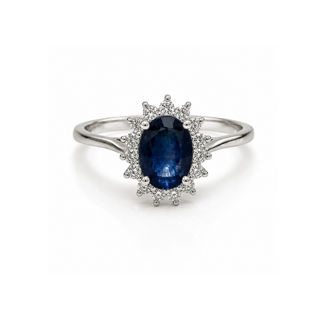 Anillo de Oro Blanco Brillantes Zafiro Oval 18 kt.