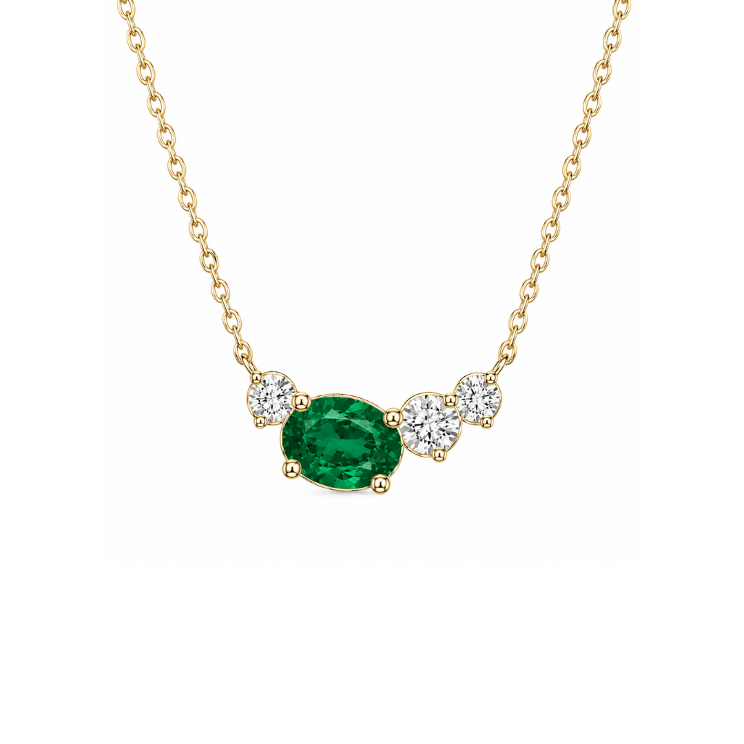 Collar Trío de Brillantes y Esmeralda en Oro Amarillo 14Kt.