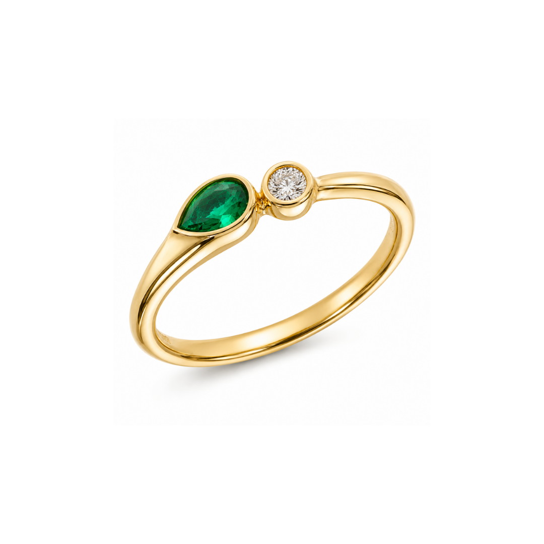 Anillo Oro Amarillo, Brillante y Esmeralda 14Kt.