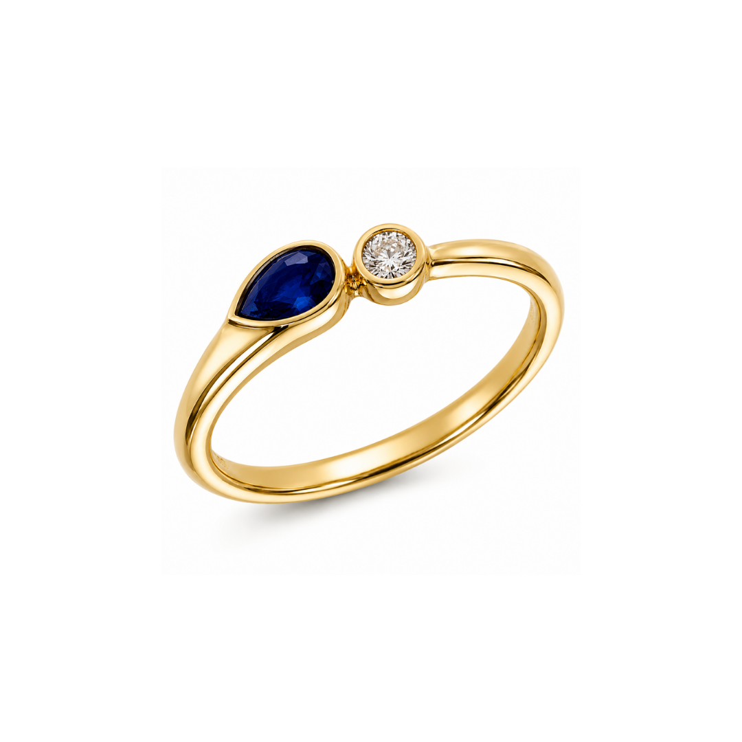 Anillo Oro Amarillo, Brillante y Zafiro 14Kt.