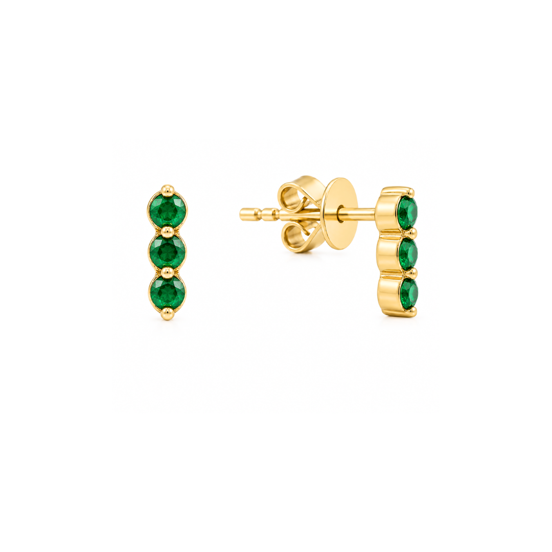 Aros Mini Trio Oro Amarillo y Esmeraldas 14Kt.