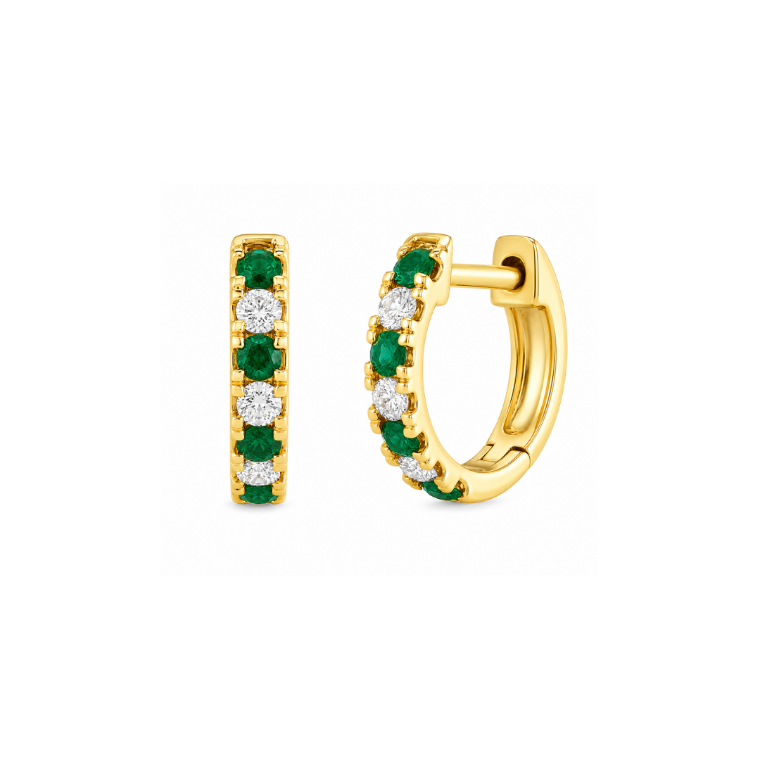 Aros Argollas de Oro Amarillo, Brillantes y esmeraldas 14Kt.