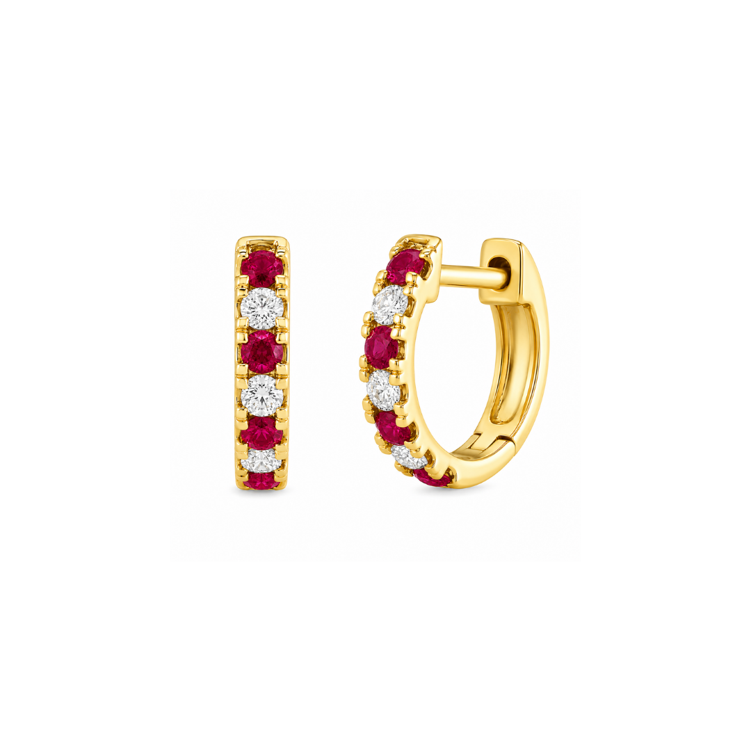 Aros Argollas de Oro Amarillo, Brillantes y rubíes 14Kt.