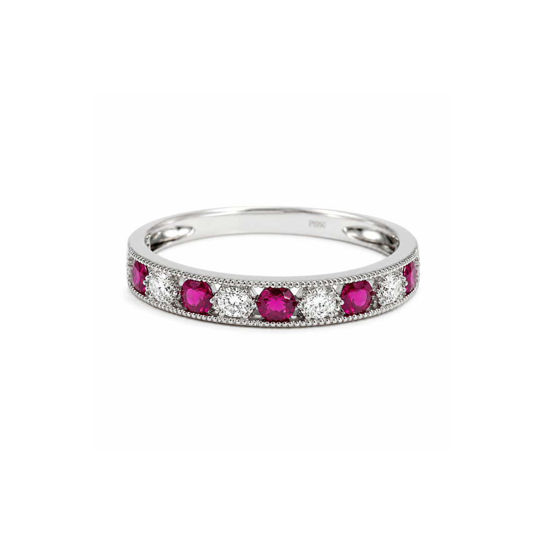 Anillo Cintillo Intercalado de Oro Blanco Brillantes y Rubíes.