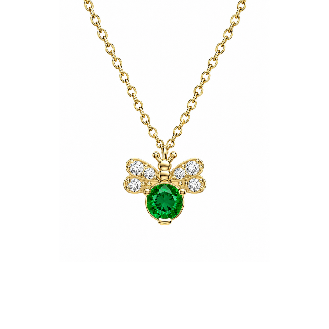 Collar Abeja de Brillantes y esmeralda en Oro Amarillo 14Kt.