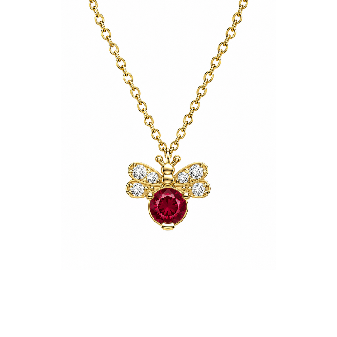 Collar Abeja de Brillantes y rubí en Oro Amarillo 14Kt.