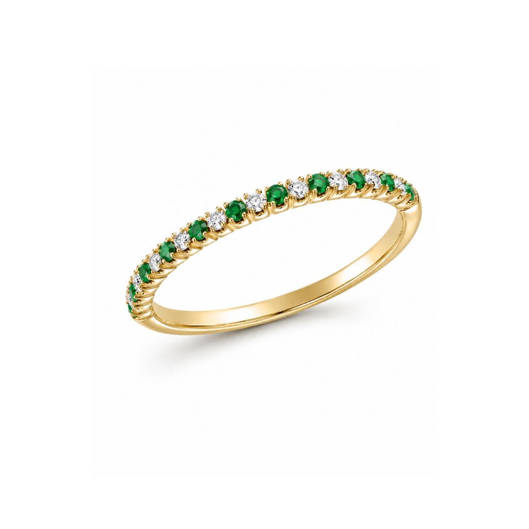 Anillo Medio Cintillo con Brillantes y Esmeraldas Oro Amarillo 14Kt.