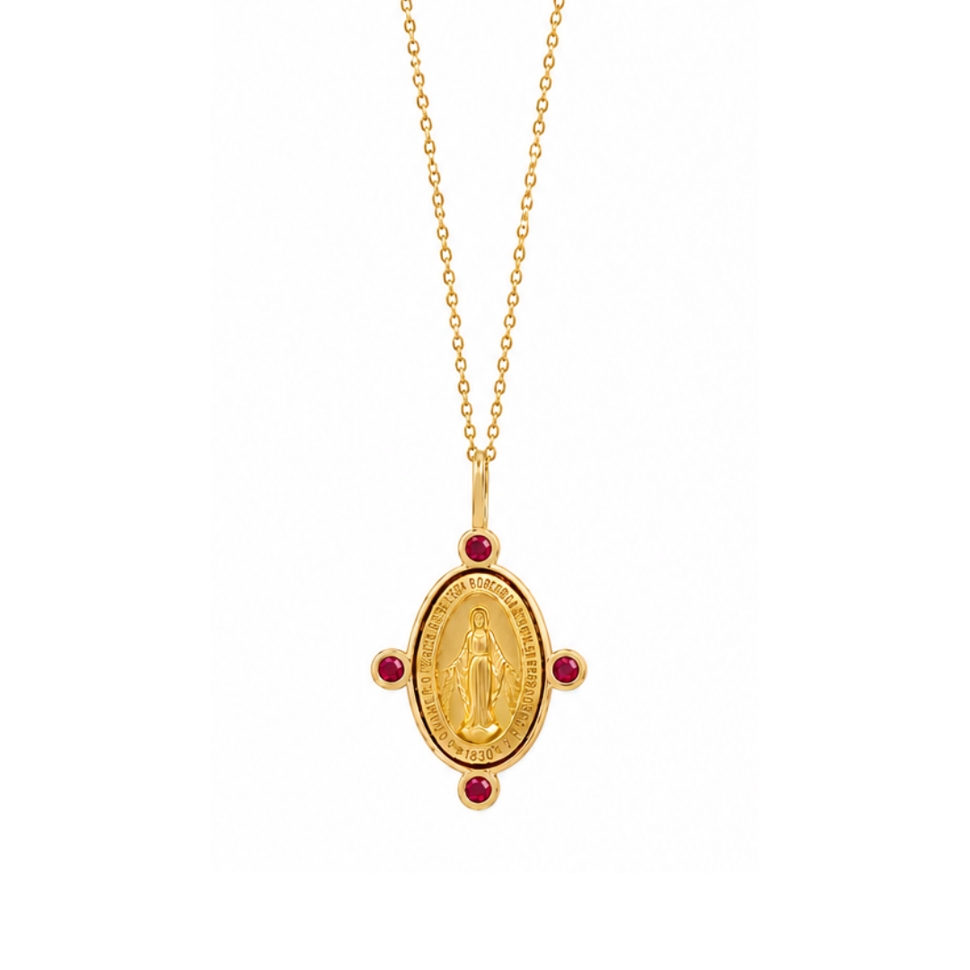 Collar Virgen y rubíes en Oro Amarillo 14Kt.
