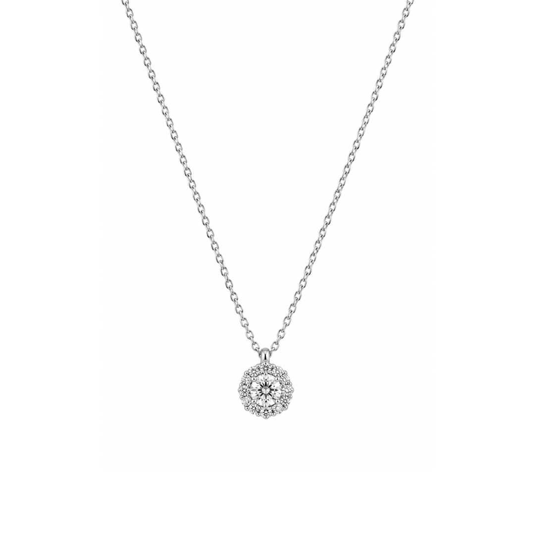Collar Brillantes Halo en Oro Blanco .