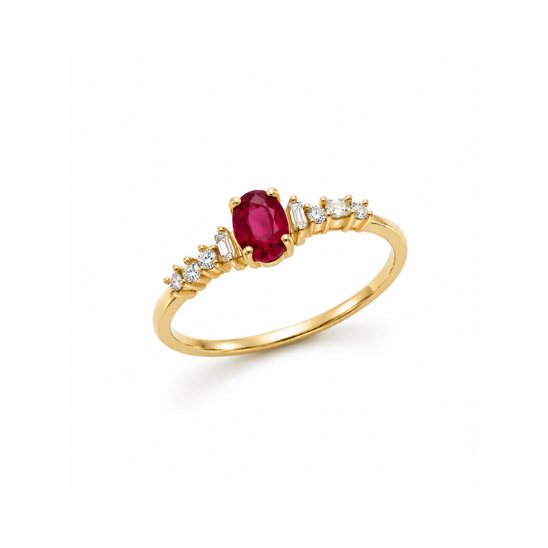 Anillo Oro Amarillo, Brillantes y Rubí Oval Central 14Kt.