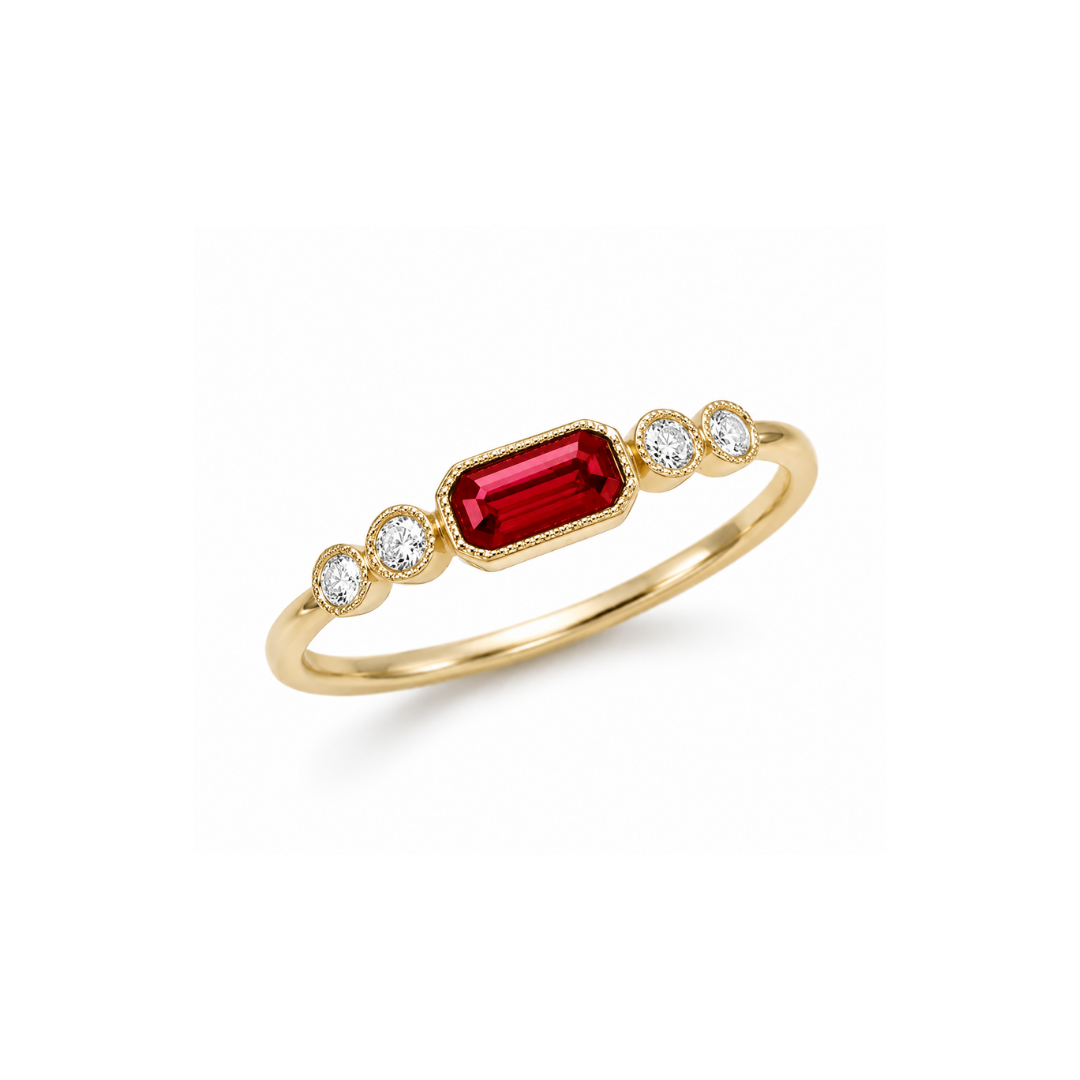 Anillo de Brillantes y Rubí Rectangular Central en Oro Amarillo 18Kt.