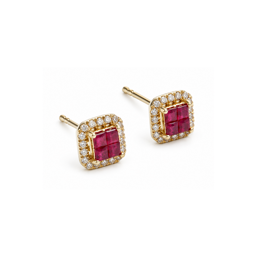 Aros Rubí y Brillantes Oro Amarillo 18KT Cuadrados.