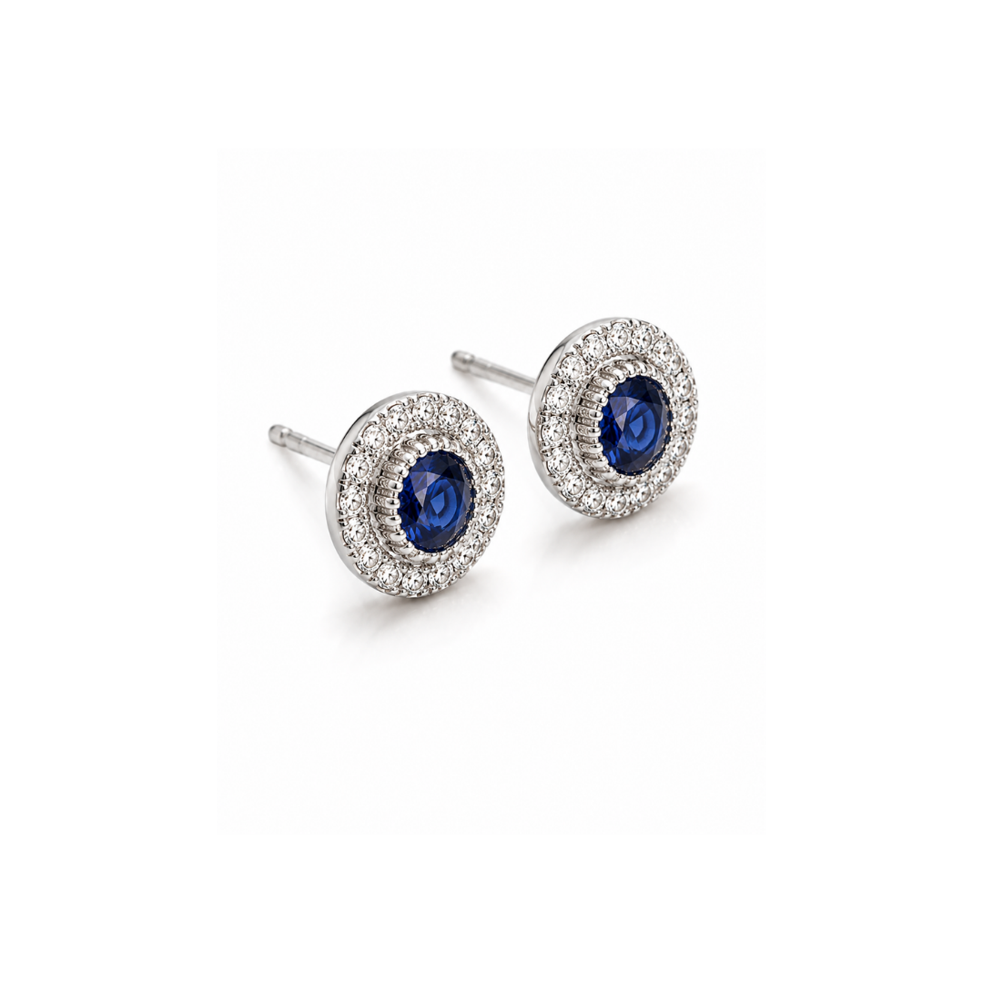 Aros Zafiro Redondo Brillantes Oro Blanco 14 KT.