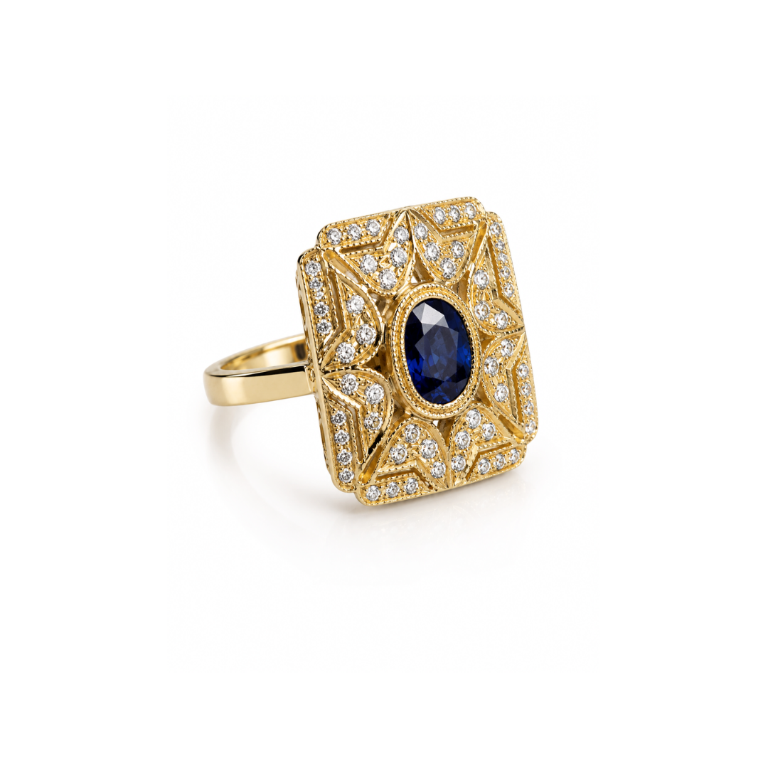 Anillo Oro Amarillo 18Kt. Art Decó Brillantes y Zafiro Central.