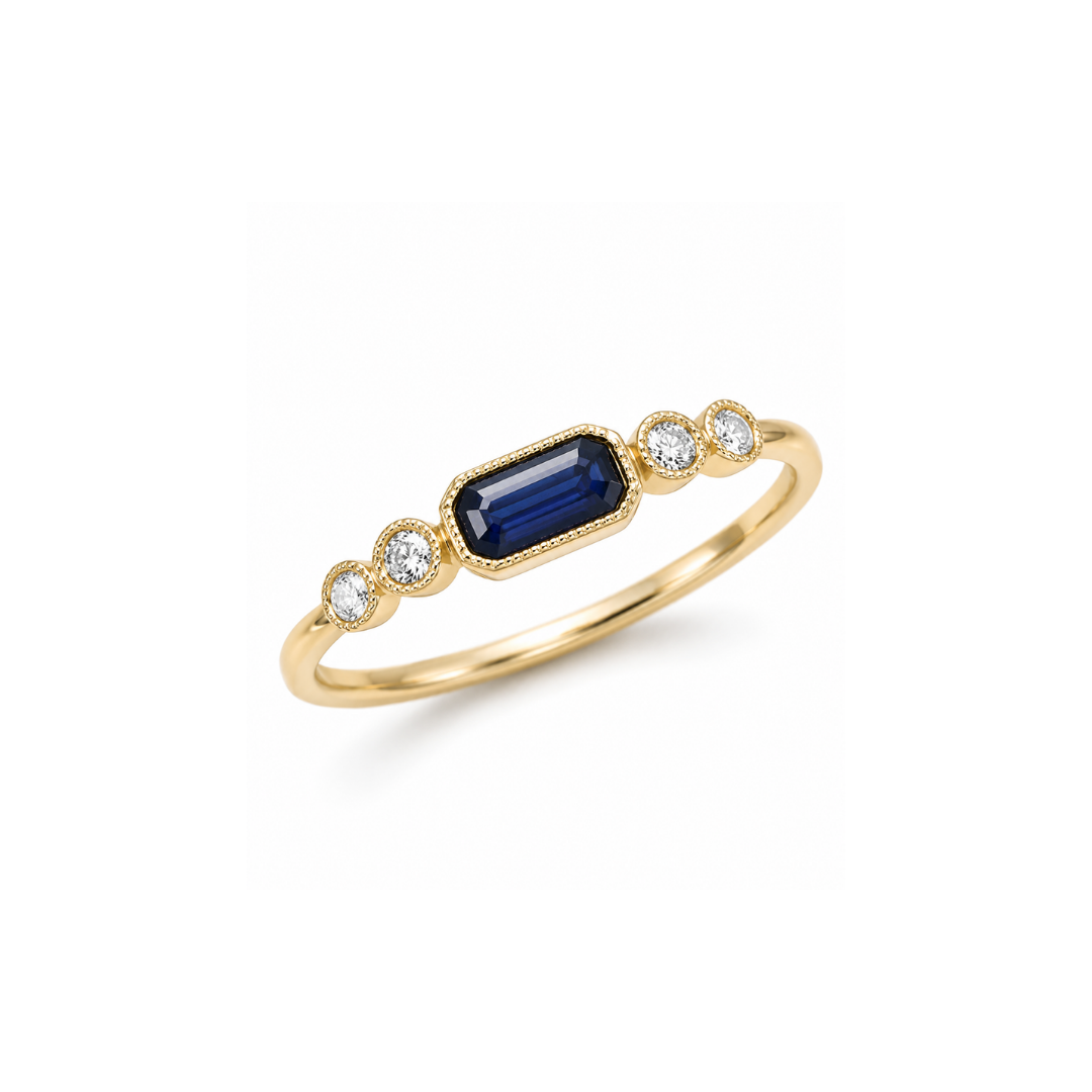 Anillo Oro Amarillo Brillante y Zafiro Rectangular Central 18Kt.