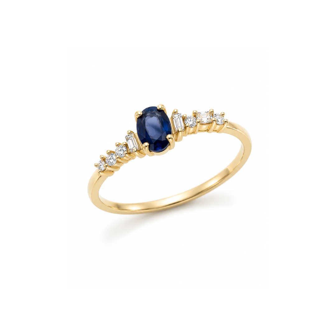 Anillo Oro Amarillo, Brillante y Zafiro Oval Central 14Kt.