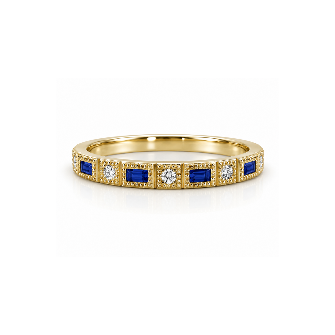 Anillo Oro Amarillo 10Kt. Diamantes Naturales y Zafiros.