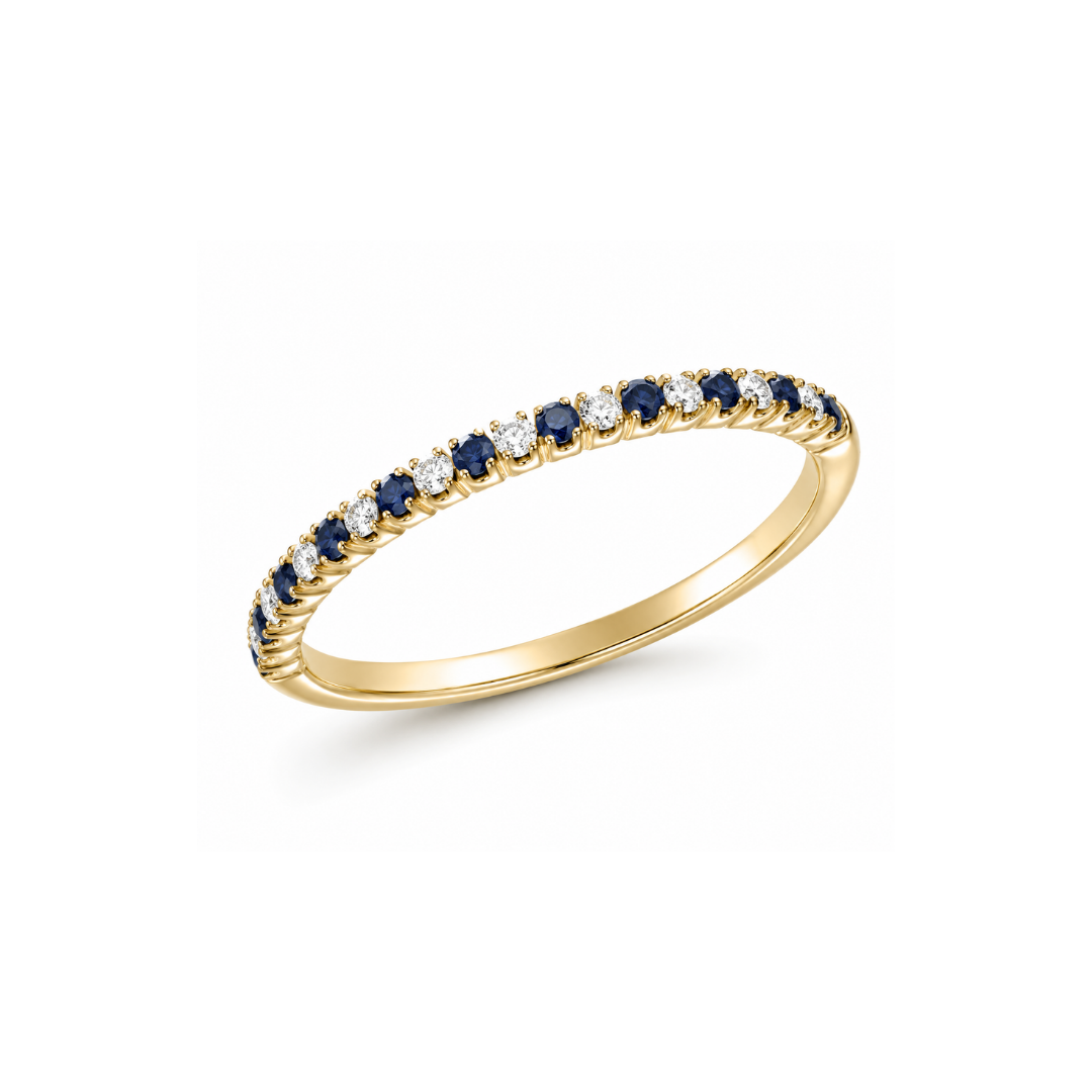 Anillo Oro Amarillo, Medio Cintillo Brillantes y Piedras 14Kt.