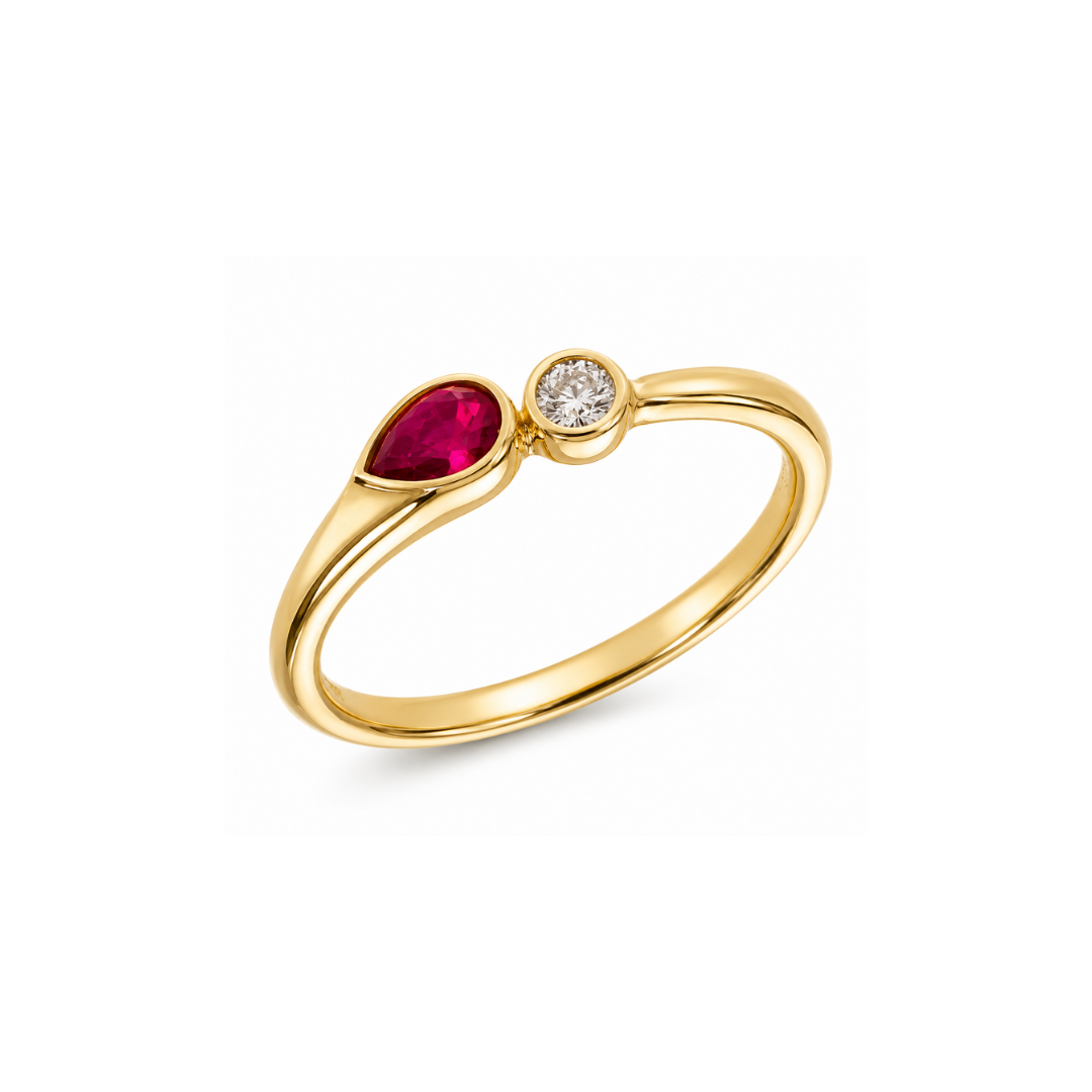 Anillo Oro Amarillo, Brillante y Rubí 14Kt.