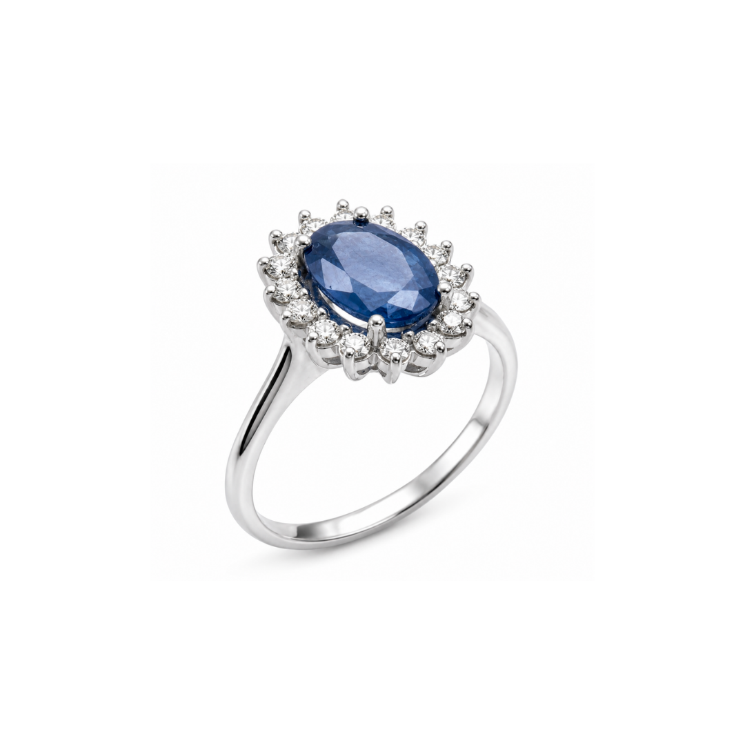 Anillo de Oro Blanco Brillantes Zafiro Oval.