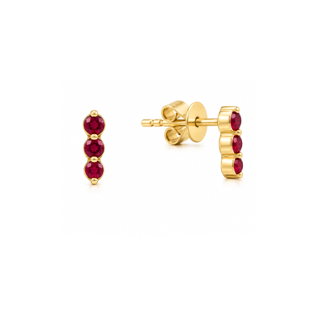 Aros Mini Trio Oro Amarillo y Rubíes14Kt.