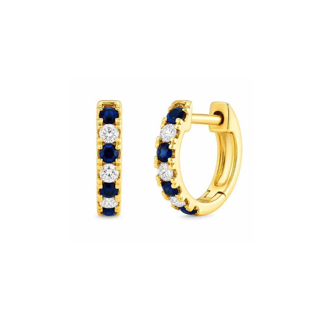 Aros Argollas de Oro Amarillo, Brillantes y zafiros 14Kt.