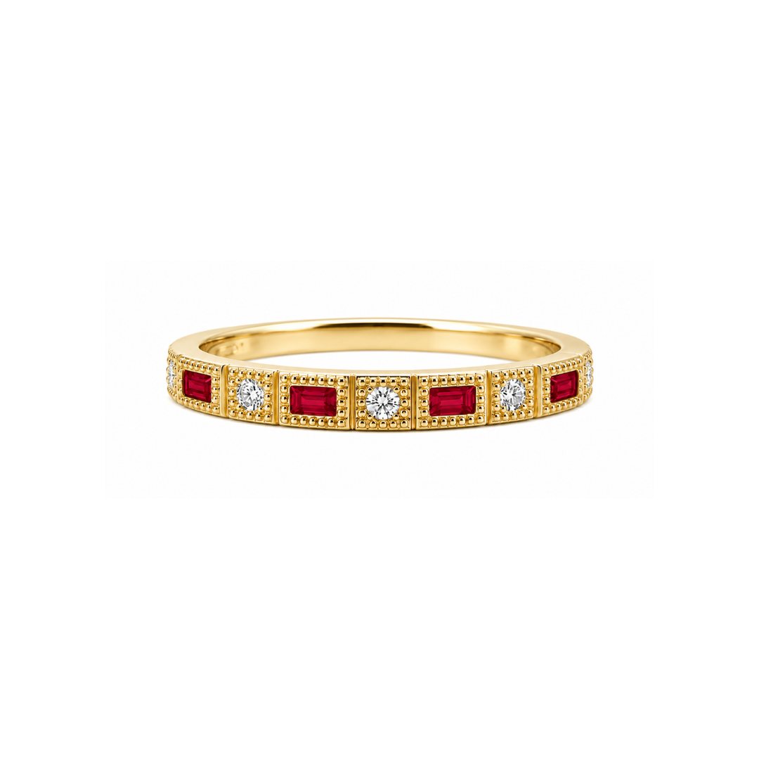 Anillo Oro Amarillo 10Kt. Diamantes Naturales y Rubíes.
