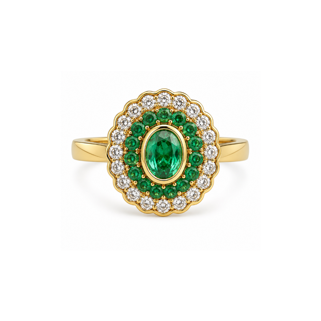 Anillo Oro Amarillo 18Kt. Art Decó Brillantes y Esmeraldas.