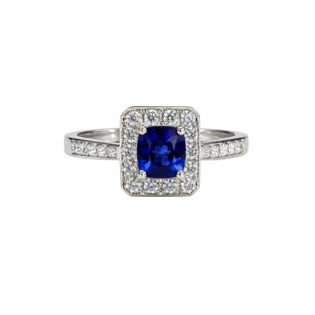 Anillo Platino Zafiro Ceylán y brillantes.