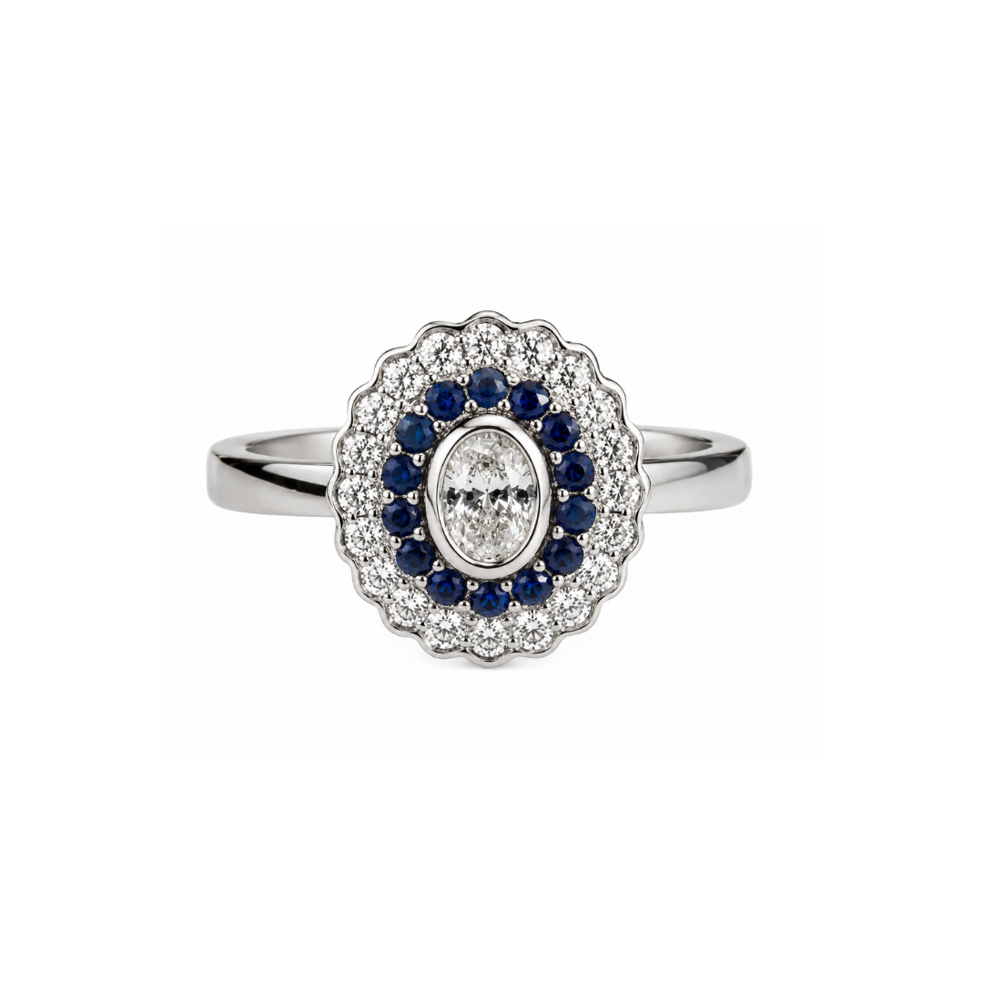 Anillo Platino Diamante Oval y Zafiros.
