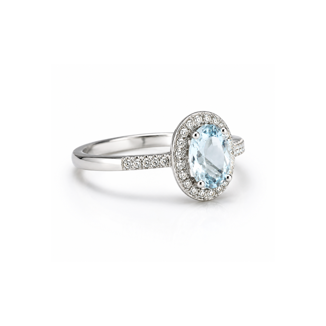 Anillo Platino Brillantes Aguamarina Oval.