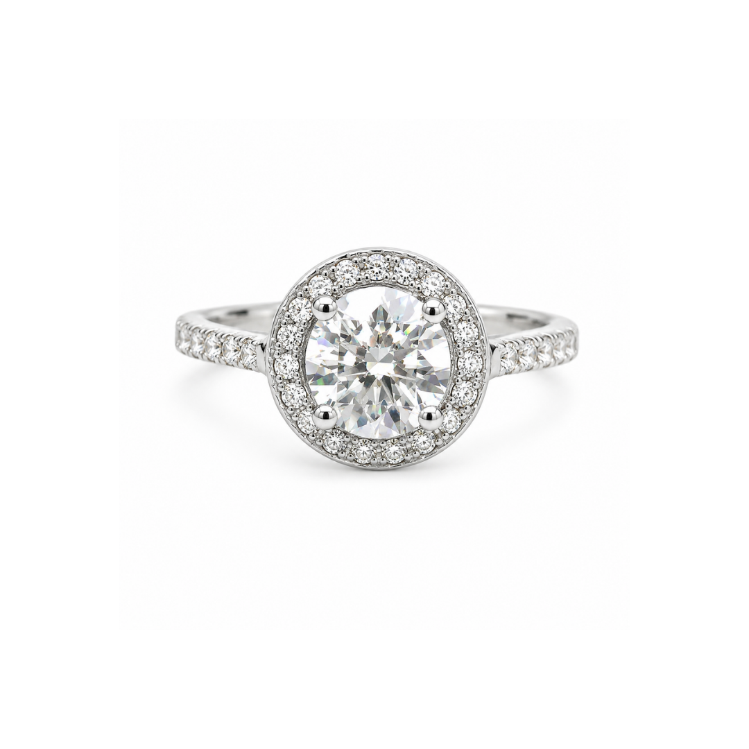Anillo de Plata y Moissanita Halo Redondo.