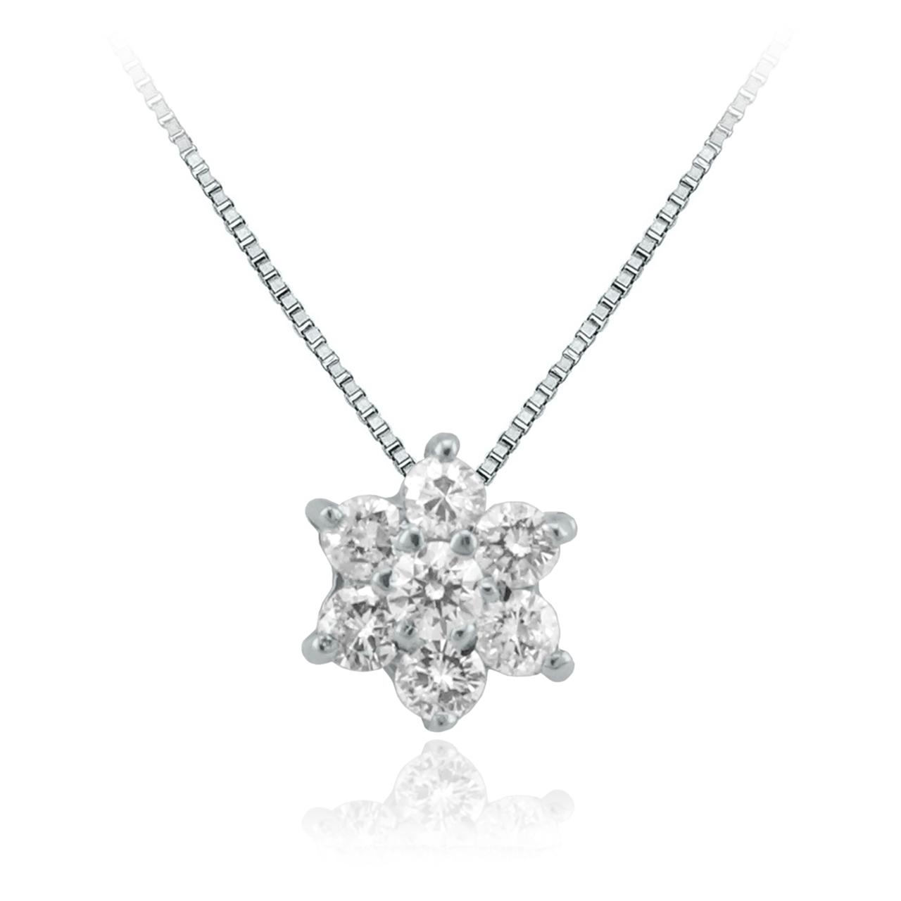 Collar Flor de Brillantes Engaste 6 Grifas en Oro Blanco.