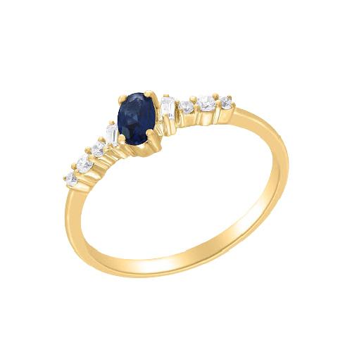 Anillo Oro Amarillo, Brillante y Zafiro Oval Central 14Kt.