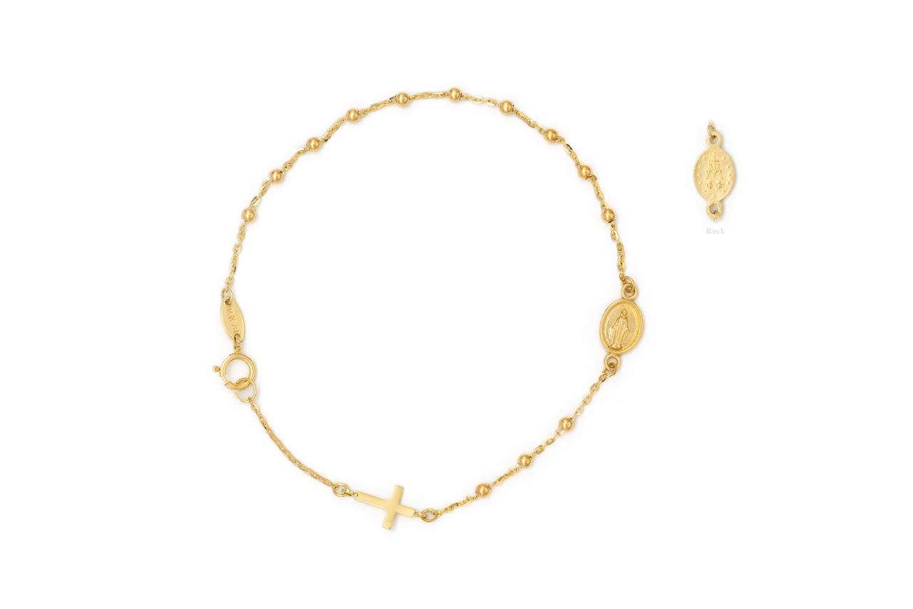 Pulsera Virgen de los Rayos y Cruz Oro Amarillo 14Kt.
