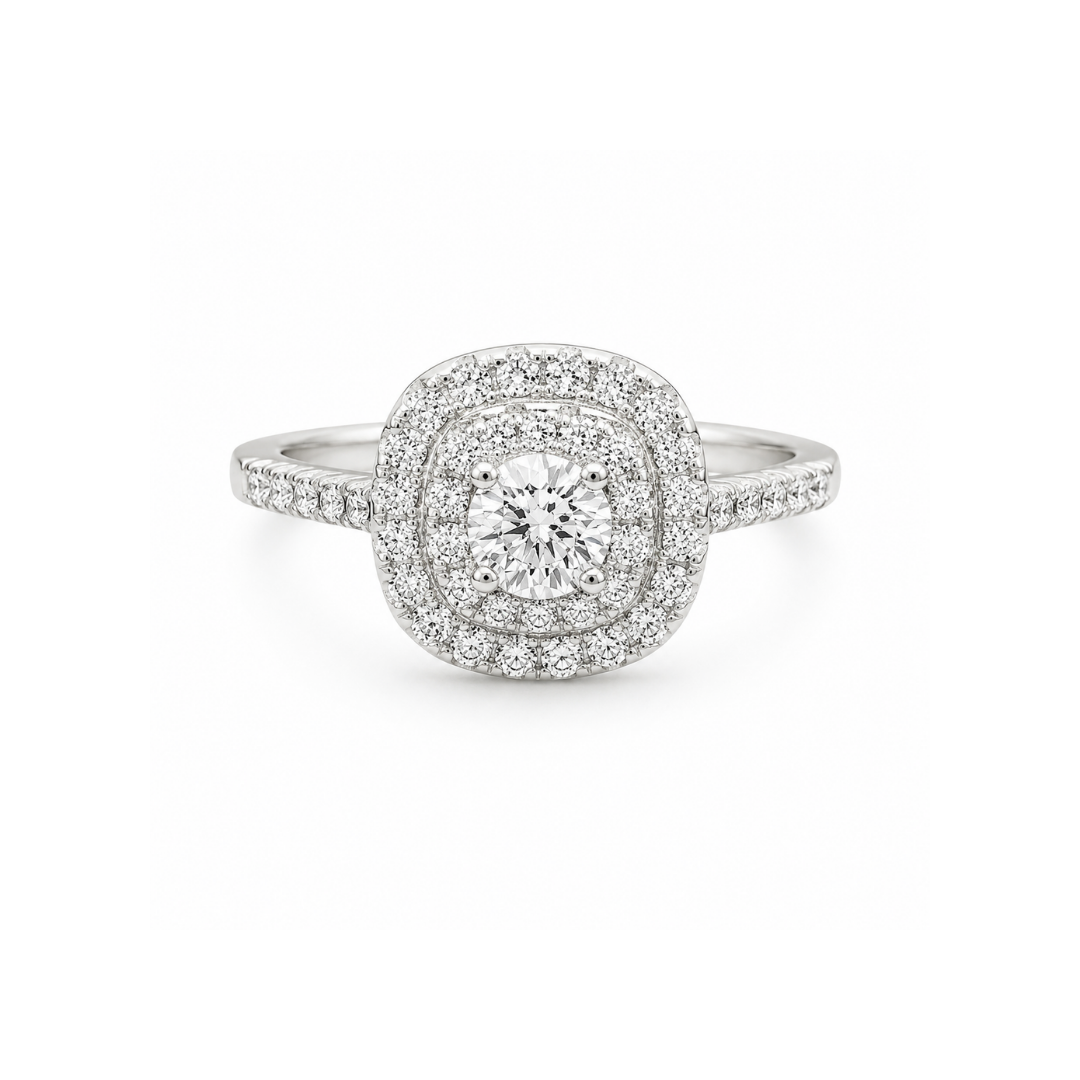 Anillo de Plata y Moissanita doble halo cushion.