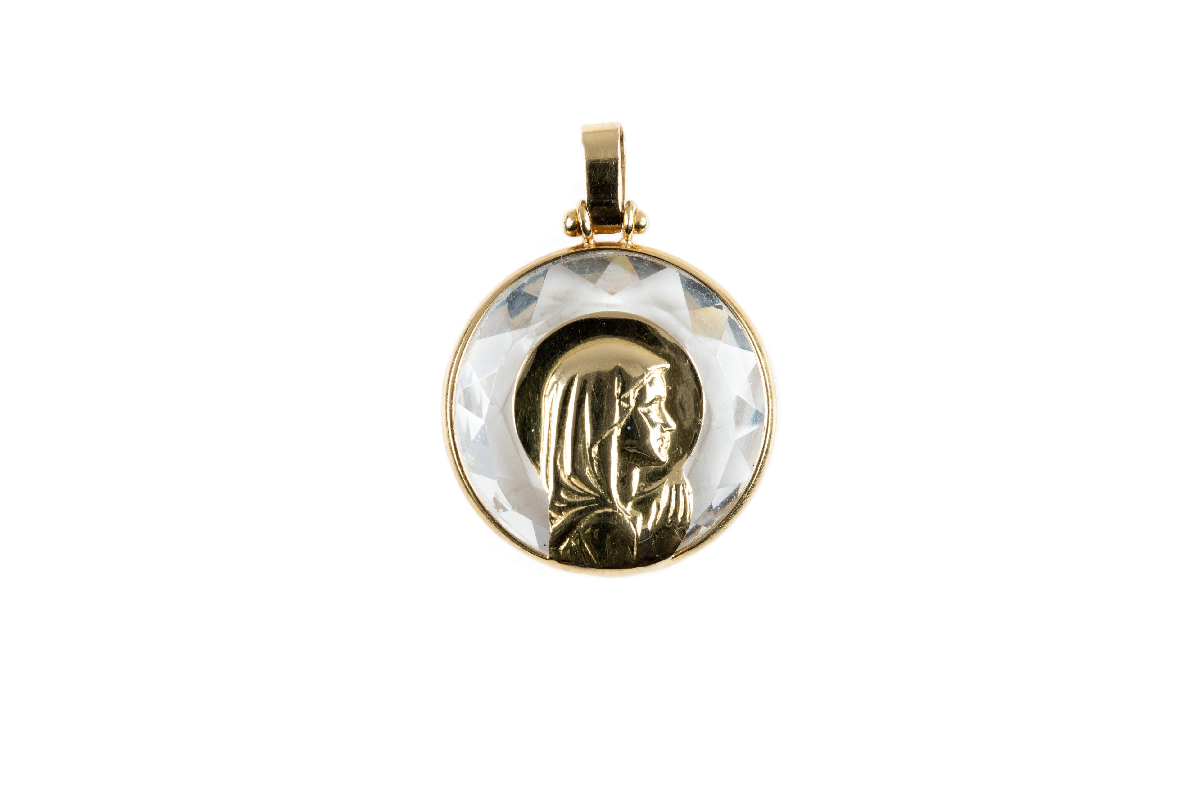 Medalla Virgen Niña de Oro Amarillo y Cristal 18Kt.