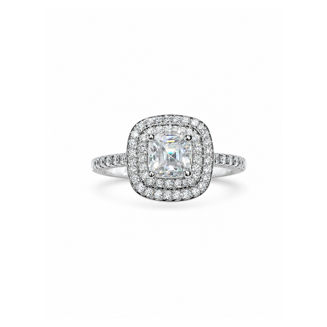 Anillo de Plata y Moissanita Halo Cushion Doble.
