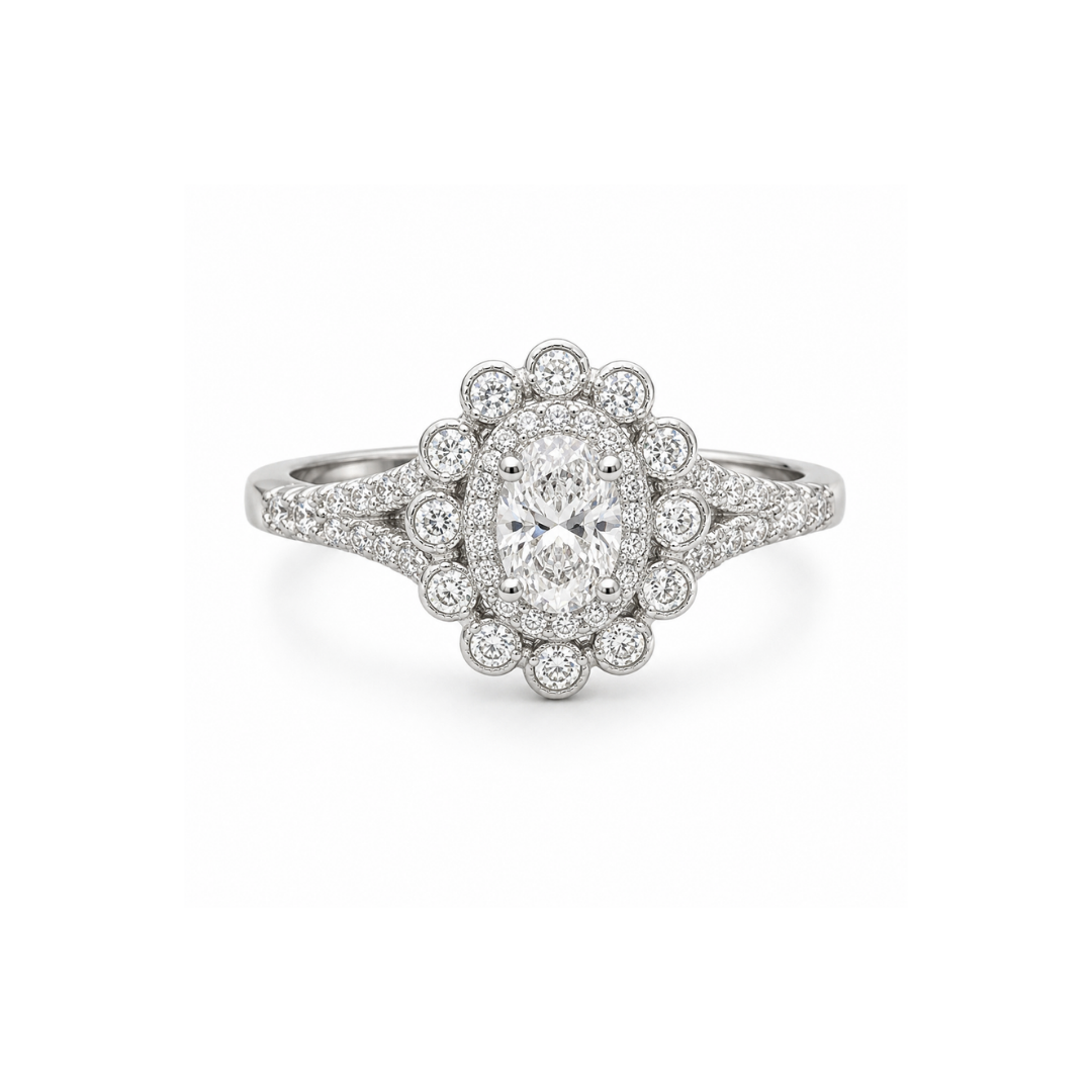 Anillo de Plata y Moissanita Halo Floral Vintage.