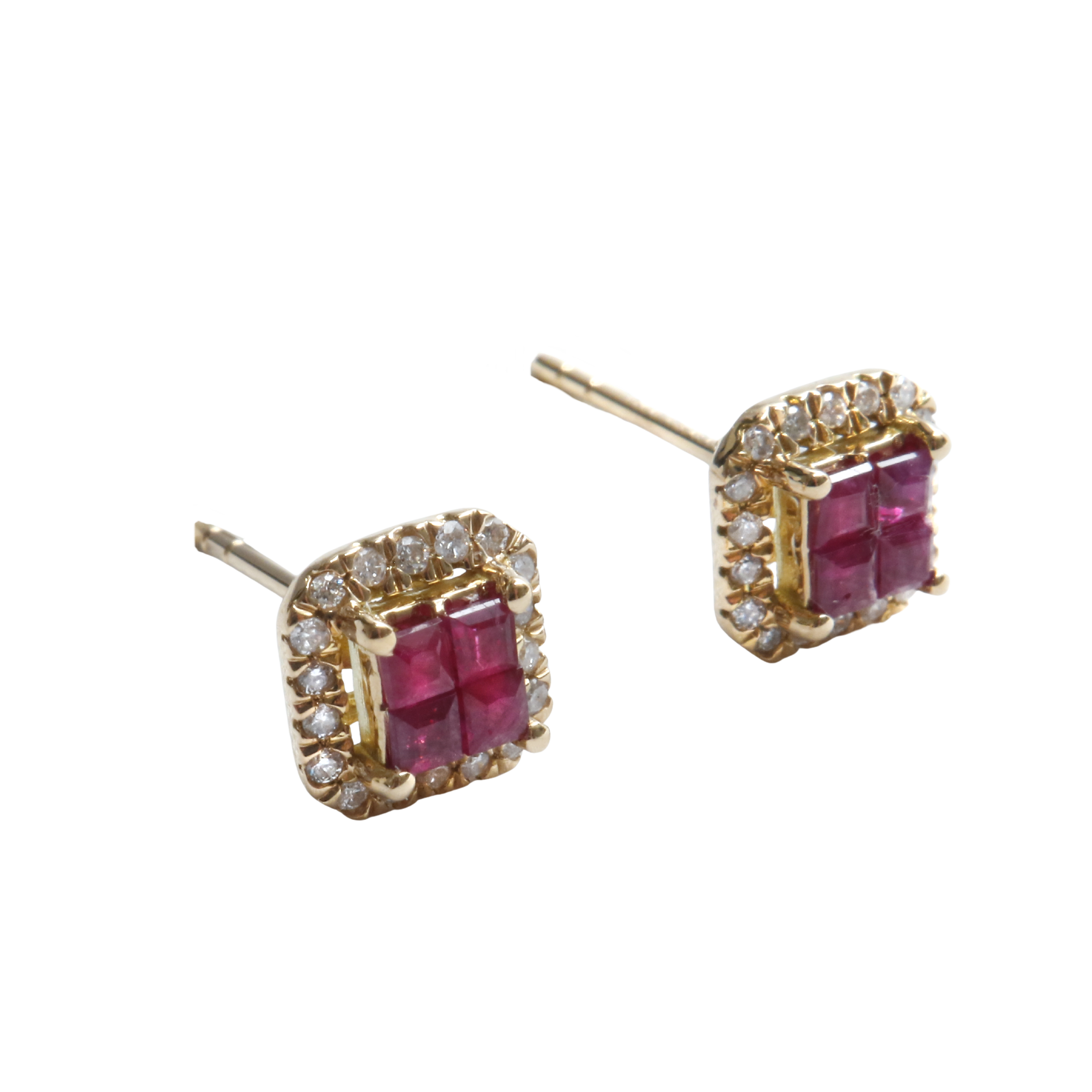 Aros Rubí y Brillantes Oro Amarillo 18KT Cuadrados.